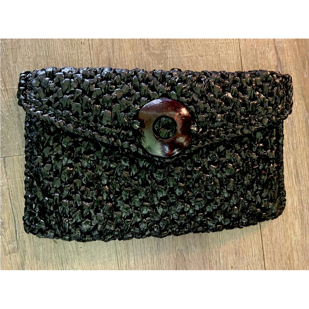 Vintage VANESSA Black‎ Straw Purse Envelope Shoulder Clutch Bag Wood Accent EC